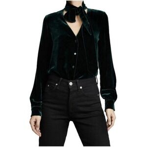 L'agence Gisele Crushed Velvet Emerald Green Neck Tie Blouse Size S/P